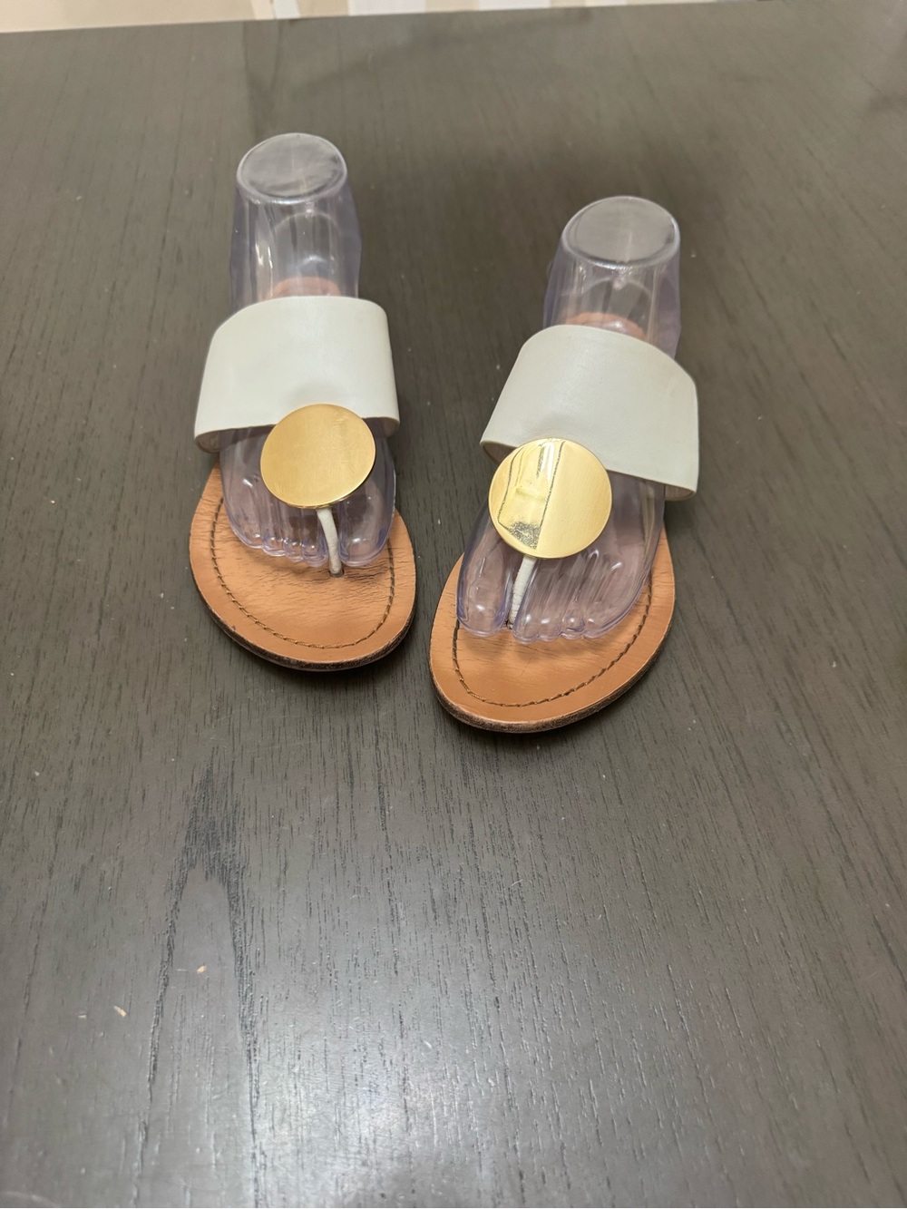 Women’s Tory Burch Patos Disk Sandal, Perfect Ivory and Gld, Size 9W